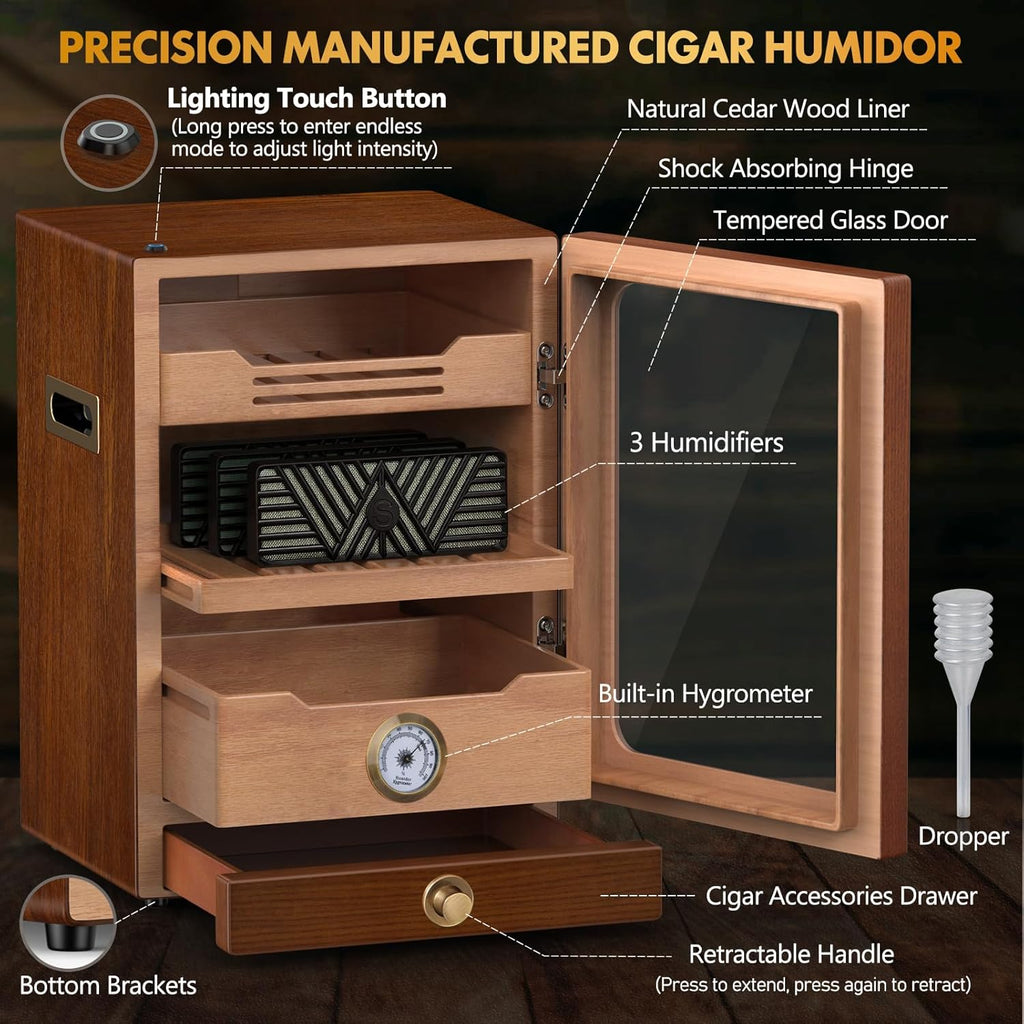 Cigar Humidor, Desktop Cigar Humidor Cabinet Light Control System with Spanish Cedar Wood Shelves, Hygrometer, 3 Humidifiers and Cigar Accessories Drawer, Father'S Day Gift for Men (Brown)
