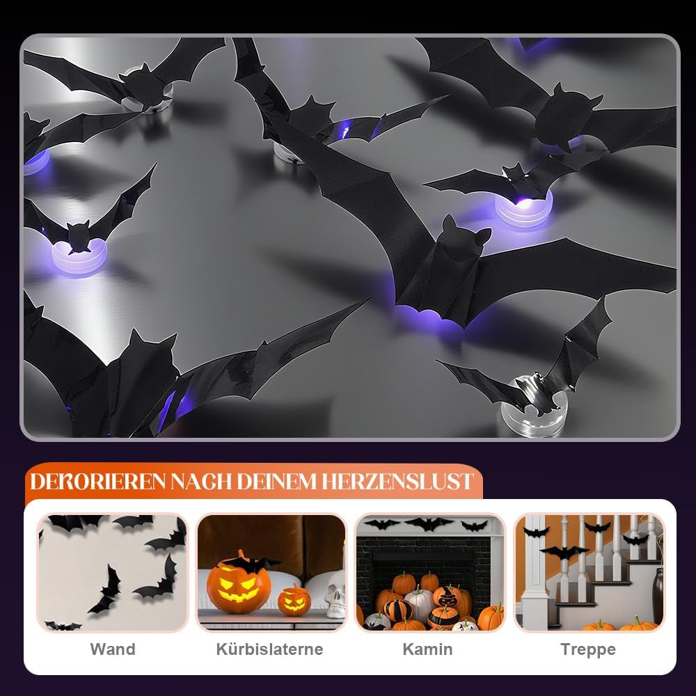 2025 New Halloween 3D Lighted Bats, LED Purple Lighted 3D Bats Halloween Decoration, Upgrade LED Glowing Bat Group Hanging Wall Luminous Glow Clings Multipack (24Pcs Black)