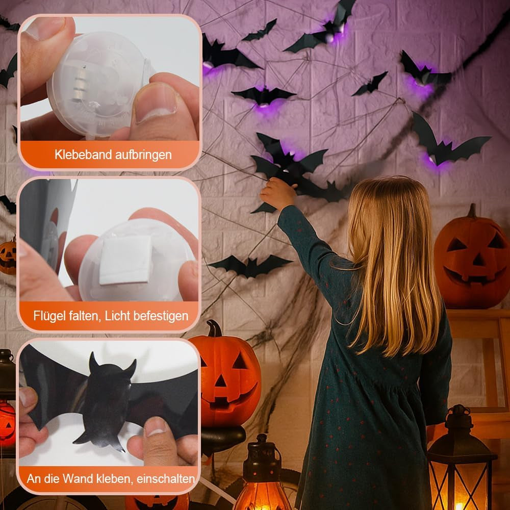 2025 New Halloween 3D Lighted Bats, LED Purple Lighted 3D Bats Halloween Decoration, Upgrade LED Glowing Bat Group Hanging Wall Luminous Glow Clings Multipack (24Pcs Black)