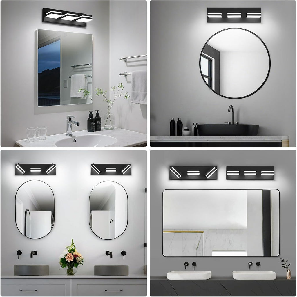 Modern LED Bathroom Lights Fixtures(3-Light),Metal Black Acrylic Wall Lighting,Vanity Lights for Bathroom over Mirror(6000K 16In