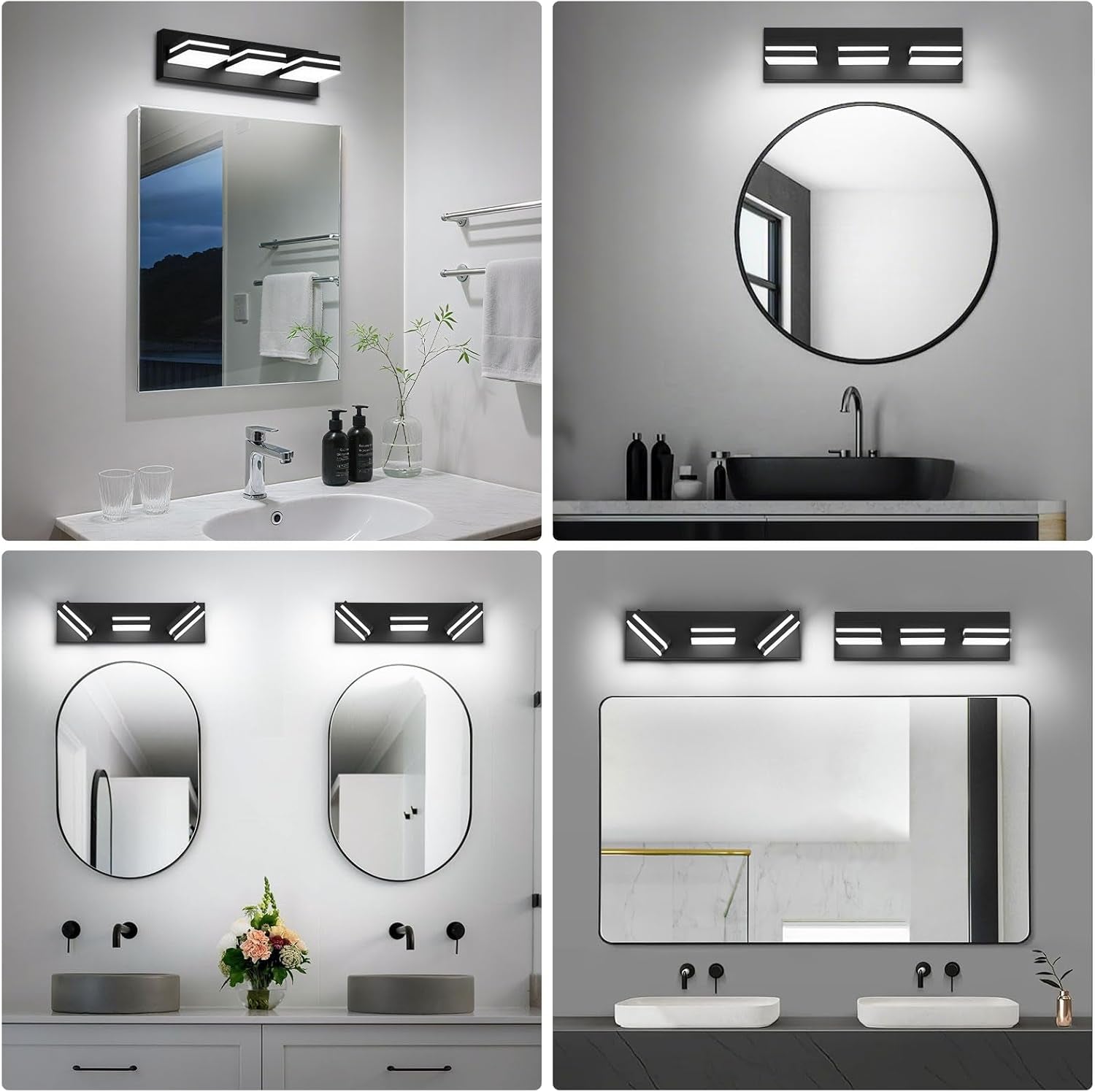 Modern LED Bathroom Lights Fixtures(3-Light),Metal Black Acrylic Wall Lighting,Vanity Lights for Bathroom over Mirror(6000K 16In