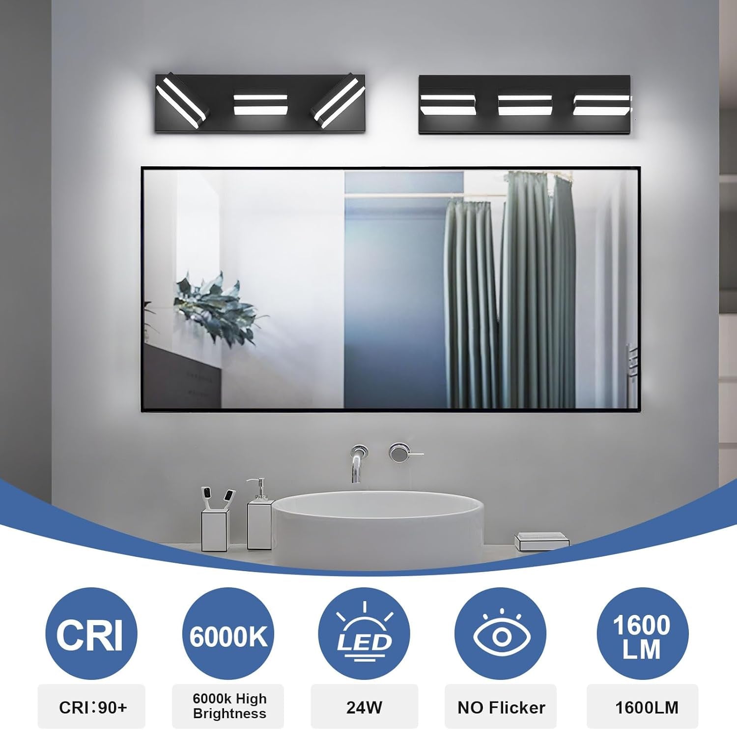 Modern LED Bathroom Lights Fixtures(3-Light),Metal Black Acrylic Wall Lighting,Vanity Lights for Bathroom over Mirror(6000K 16In