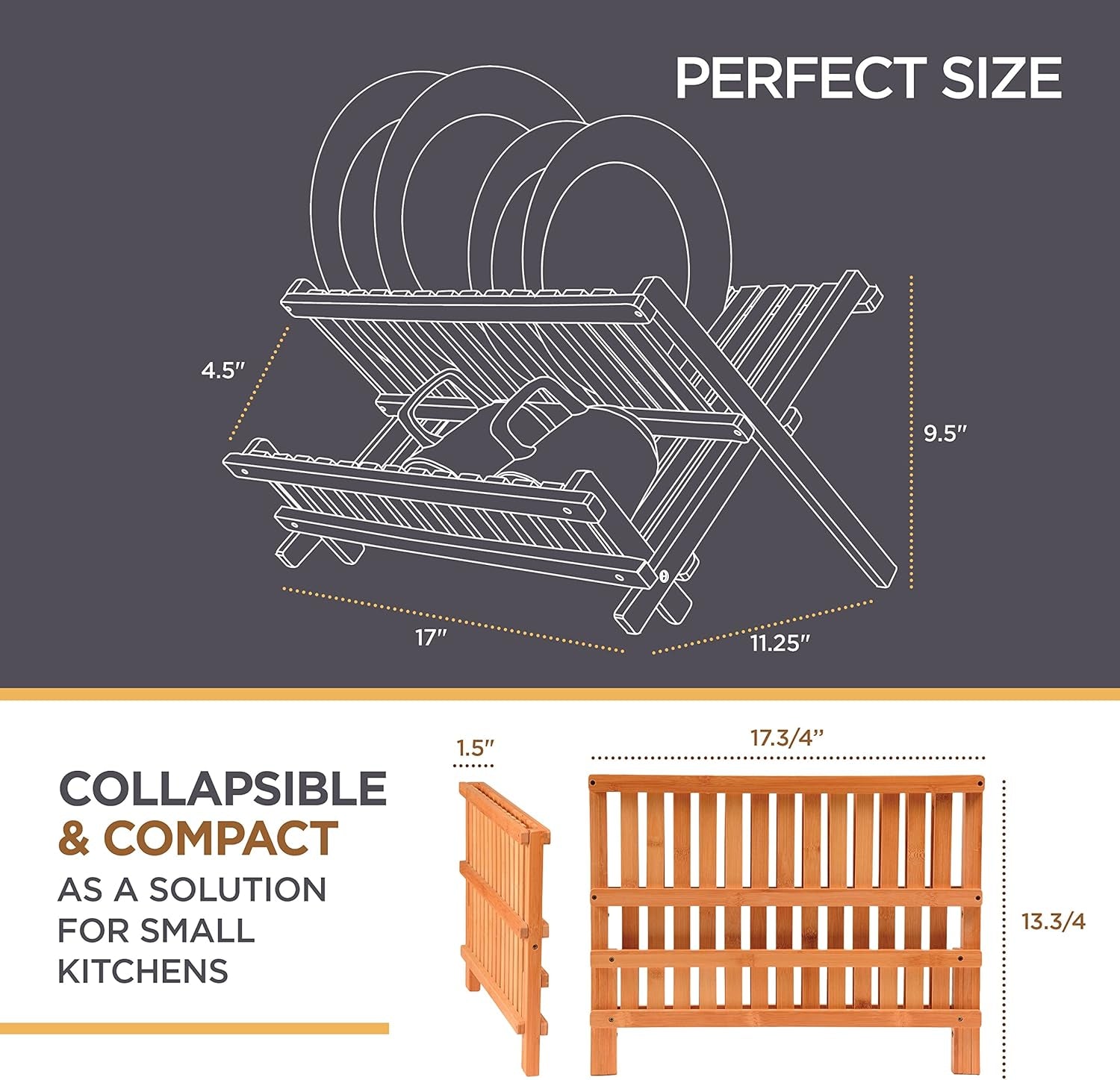 BAMBUSI Dish Drying Rack - Collapsible 2-Tier Bamboo Dish Rack for Kitchen Counter, Wooden Dish Drainer with Foldable Space-Saving Design - Drying Rack for Dishes, Plates, and Cups - Housewarming Gift