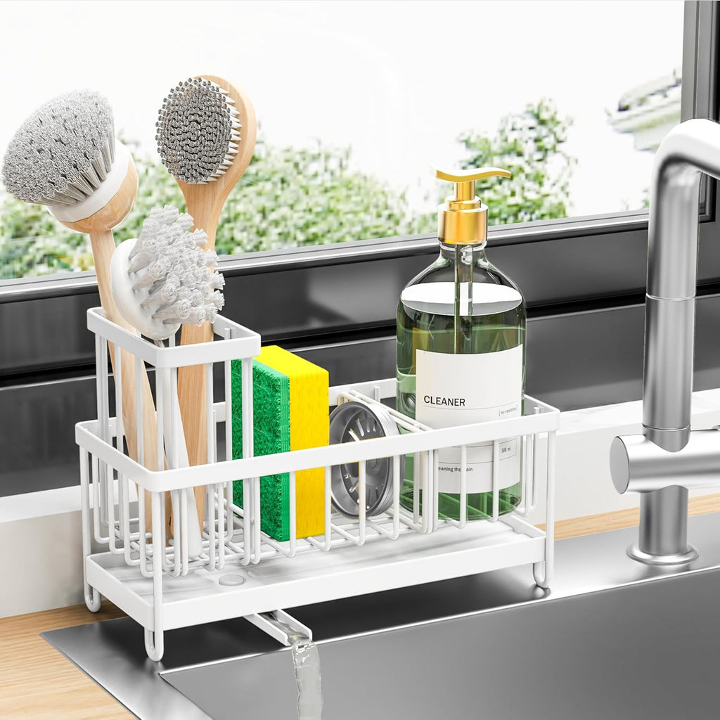 Black Sponge Holder for Kitchen Sink, Sink Caddy Organizer with High Brush Holder, Kitchen Countertop Organizers and Storage Essentials, Rustproof 304 Stainless Steel, Soap Dispenser Organize