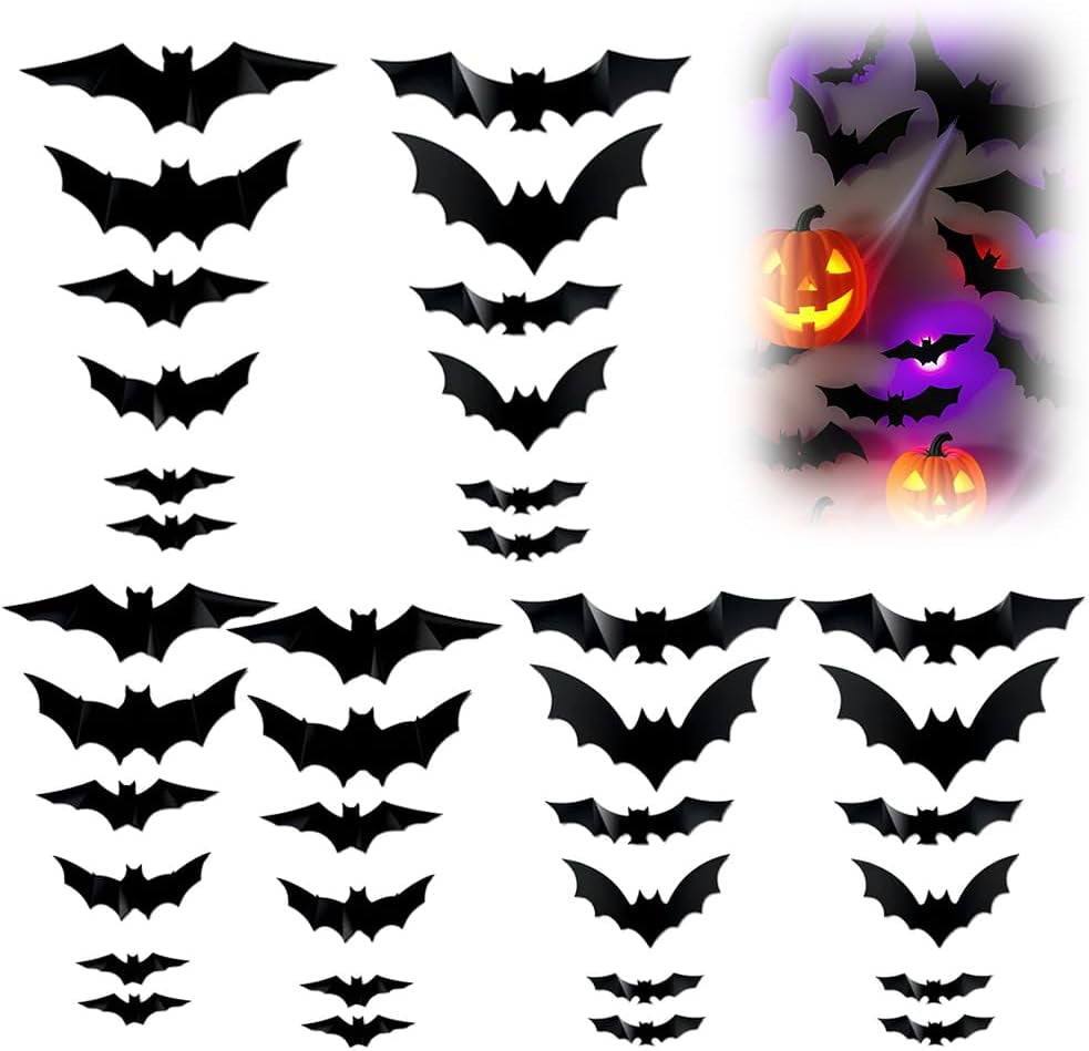 2025 New Halloween 3D Lighted Bats, LED Purple Lighted 3D Bats Halloween Decoration, Upgrade LED Glowing Bat Group Hanging Wall Luminous Glow Clings Multipack (24Pcs Black)
