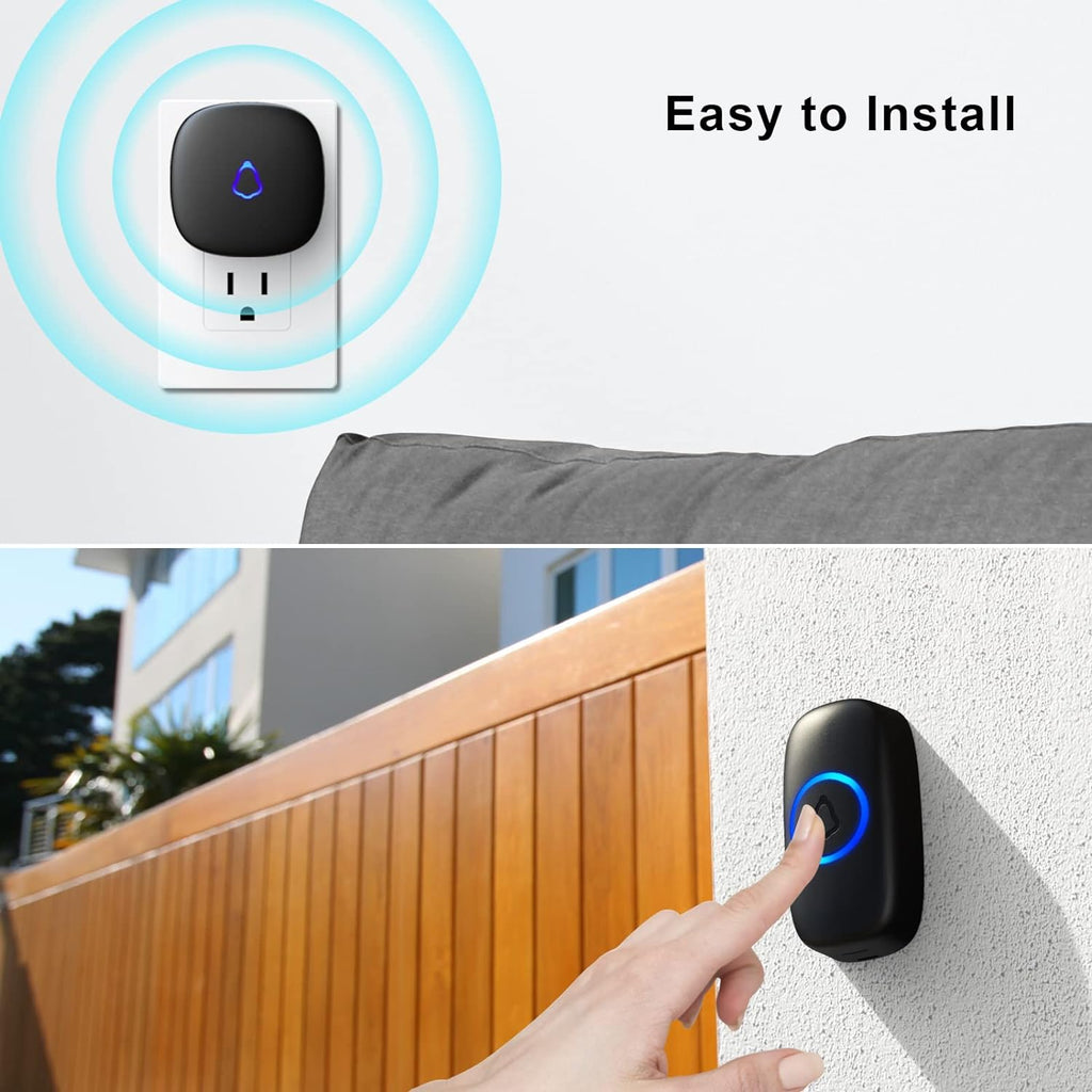 Wireless Doorbell, Easy Installation, Waterproof, Adjustable Volume, 58 Chimes, Colorful LED, 1000Ft Range, M520+F55, Black