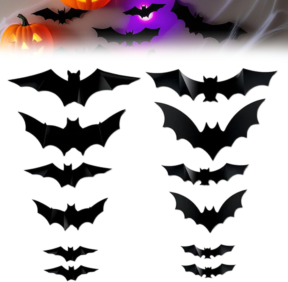 2025 New Halloween 3D Lighted Bats, LED Purple Lighted 3D Bats Halloween Decoration, Upgrade LED Glowing Bat Group Hanging Wall Luminous Glow Clings Multipack (24Pcs Black)
