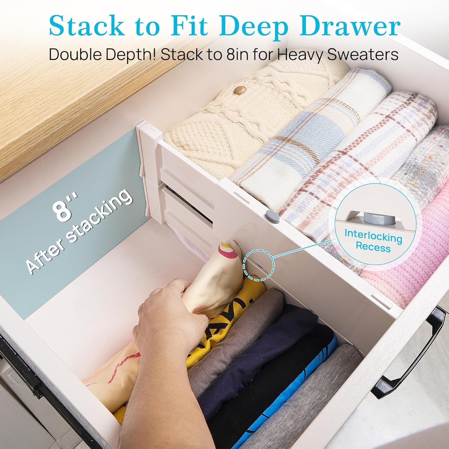 Drawer Dividers for Clothes 8 Pack, Adjustable 4" High Expandable from 11.6"-17" Dresser Drawer Organizer, Plastic Drawers Separators for Dresser, Baby Clothes, Kitchen and Office Storage