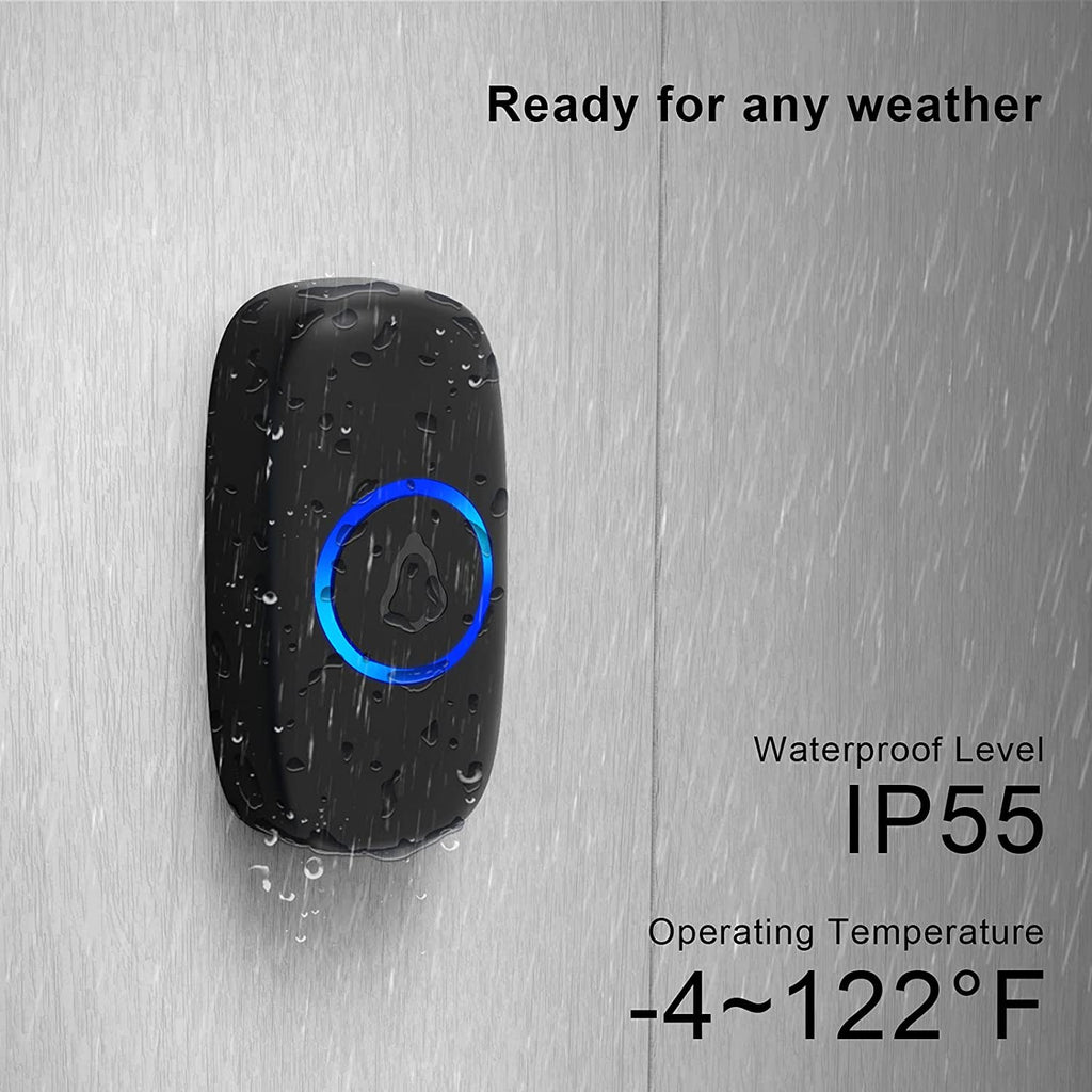 Wireless Doorbell, Easy Installation, Waterproof, Adjustable Volume, 58 Chimes, Colorful LED, 1000Ft Range, M520+F55, Black