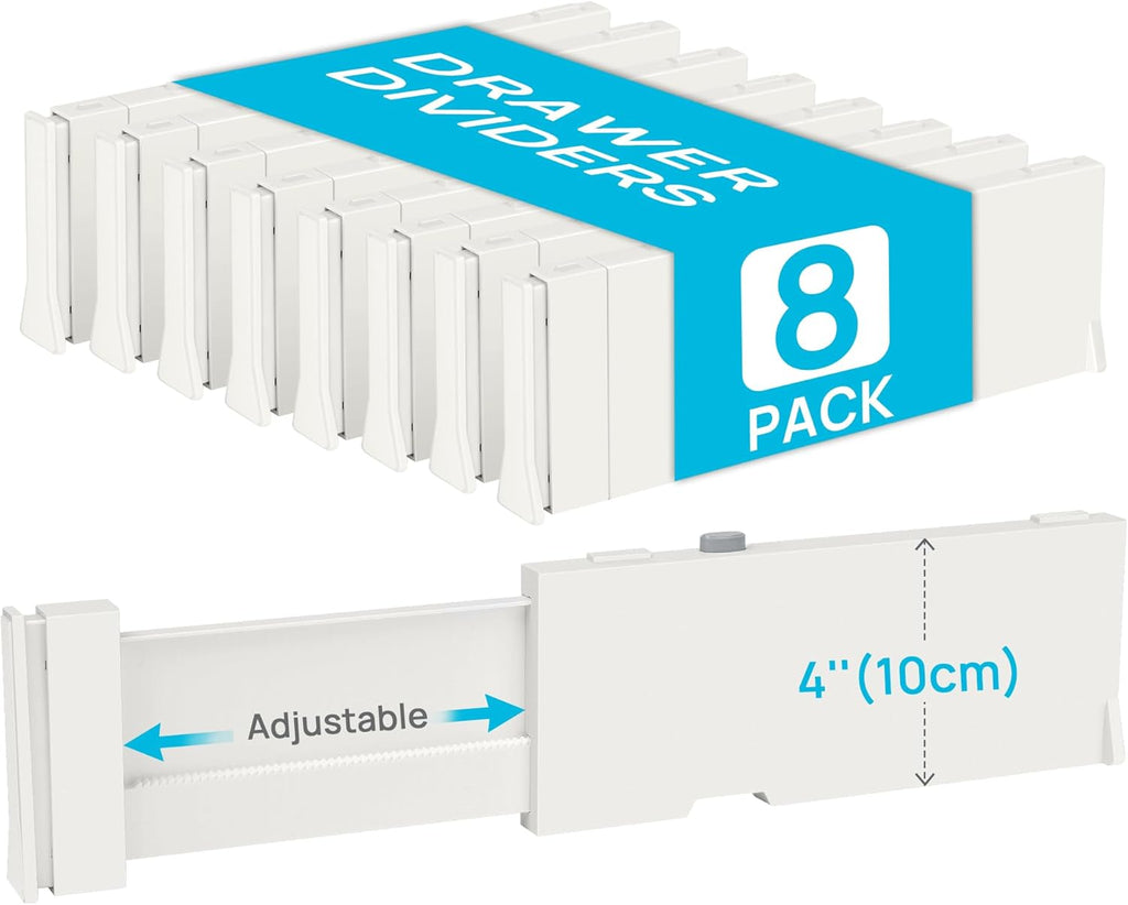 Drawer Dividers for Clothes 8 Pack, Adjustable 4" High Expandable from 11.6"-17" Dresser Drawer Organizer, Plastic Drawers Separators for Dresser, Baby Clothes, Kitchen and Office Storage