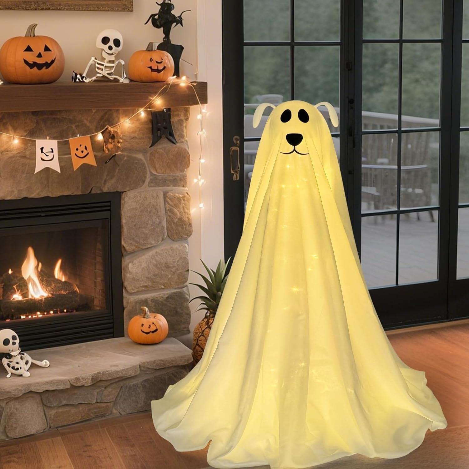 Halloween Decorations, Light-Up Freestanding Spooky Ghost Dog with Remote String Lights Battery Operated, Halloween Ghost Dog for Front Door Porch Yard Lawn Home Party