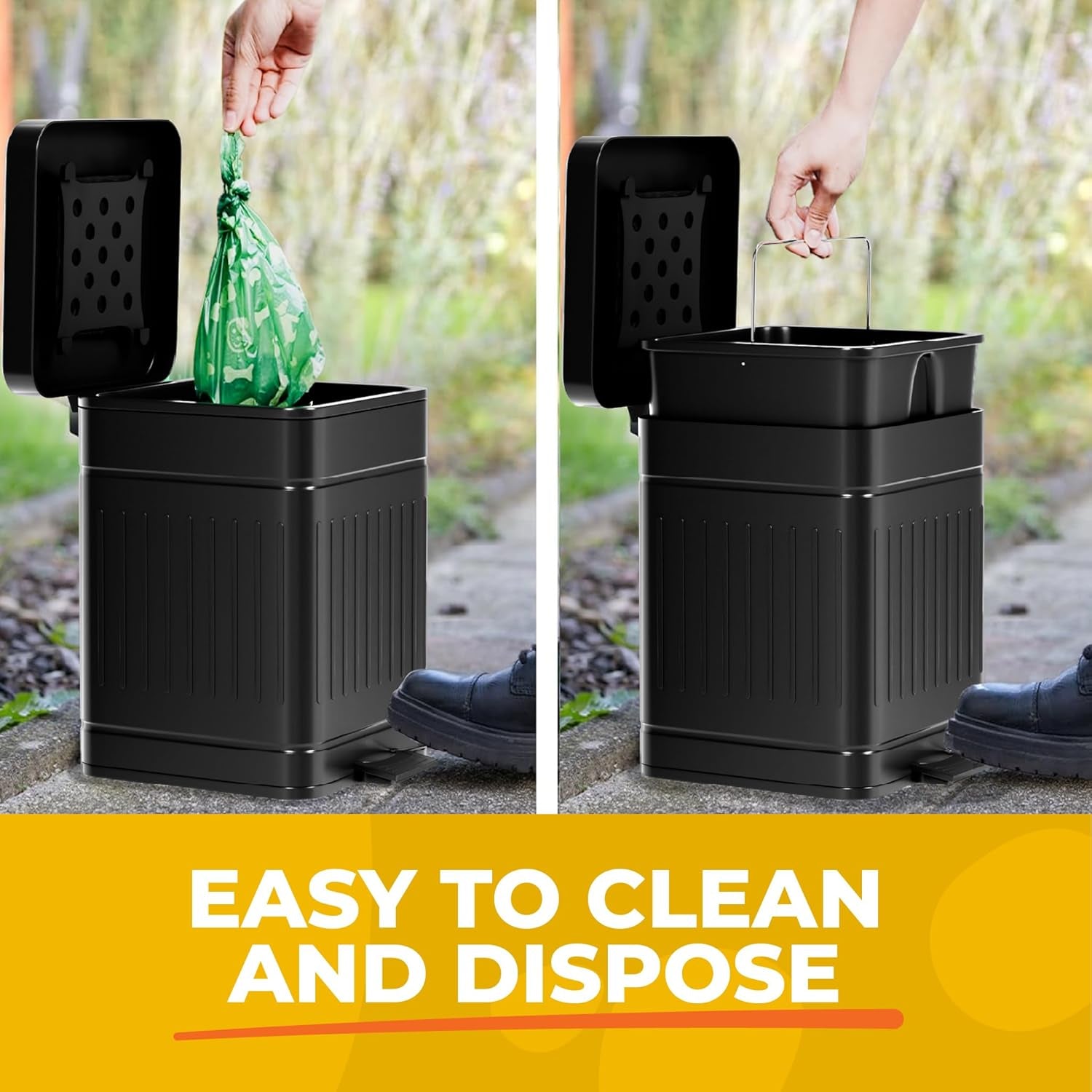 Small Dog Poop Trash Can Outside, 1.3 Gal Stainless Steel Dog Waste Trash Can, Waterproof Small Poop Bucket Outdoor with Lid, Poop Pail for Dogs, Dog Poop Bin Outdoor with Odor Control (Black)