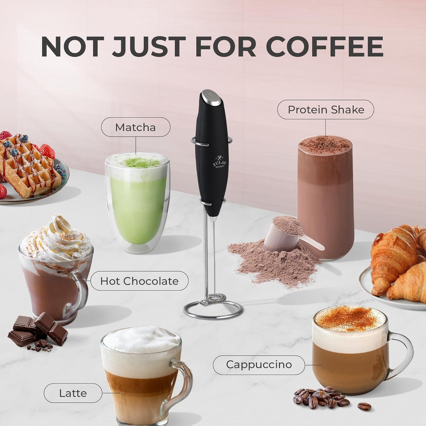 Powerful Milk Frother Wand with 2 Duracell Batteries - Ultra Fast Handheld Drink Mixer - Electric Whisk Foam Maker for Coffee, Lattes, Cappuccino, Matcha, Hot Chocolate & Creamer - Black