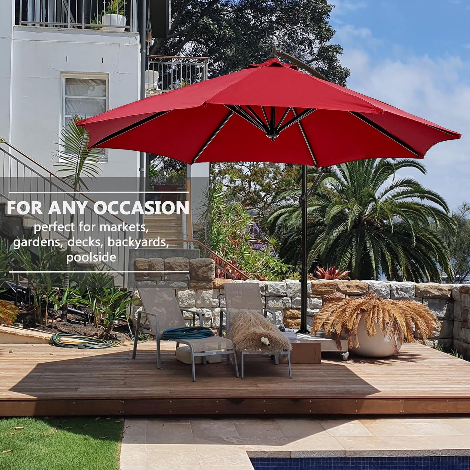10Ft Offset Patio Umbrella, Cantilever Umbrella, Hanging Outdoor Umbrellas with 8 Ribs, Market Umbrella W/Uv Protection Waterproof for Market/Backyard/Pool/Garden/Lawn, Handy Crank&Cross Base