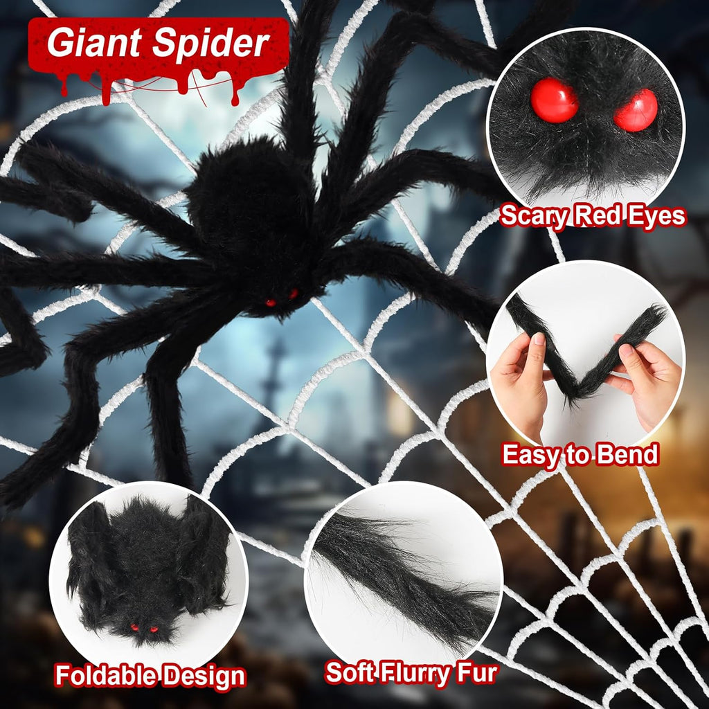 240'' Big Spider Web Halloween Decor+70'' Huge Spider for Roof with Triangular Big Web for on House outside and Inside