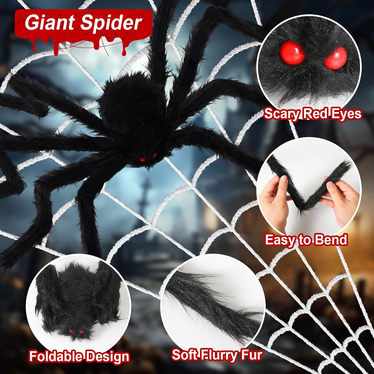 240'' Big Spider Web Halloween Decor+70'' Huge Spider for Roof with Triangular Big Web for on House outside and Inside
