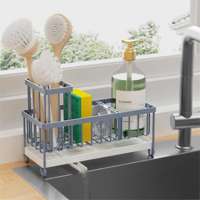 Black Sponge Holder for Kitchen Sink, Sink Caddy Organizer with High Brush Holder, Kitchen Countertop Organizers and Storage Essentials, Rustproof 304 Stainless Steel, Soap Dispenser Organize