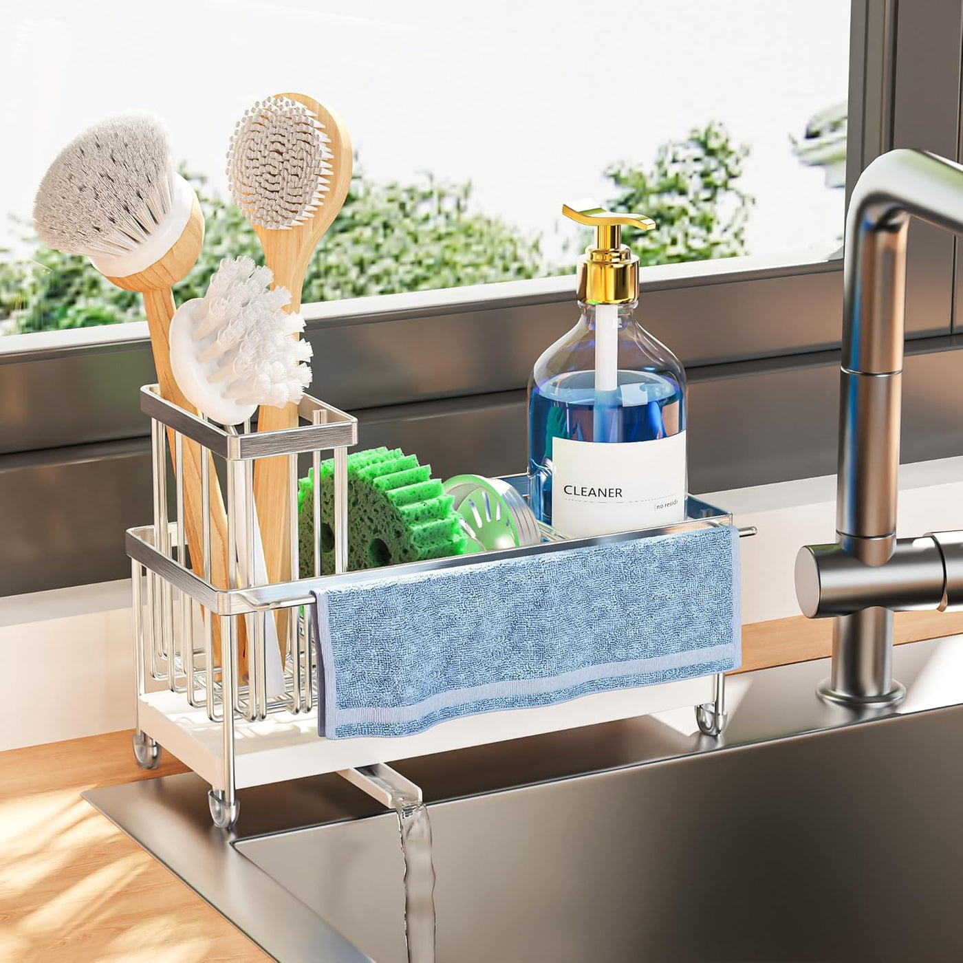 Black Sponge Holder for Kitchen Sink, Sink Caddy Organizer with High Brush Holder, Kitchen Countertop Organizers and Storage Essentials, Rustproof 304 Stainless Steel, Soap Dispenser Organize