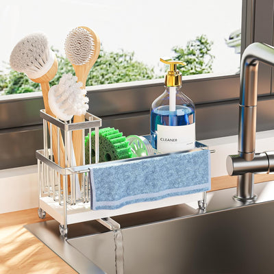 Black Sponge Holder for Kitchen Sink, Sink Caddy Organizer with High Brush Holder, Kitchen Countertop Organizers and Storage Essentials, Rustproof 304 Stainless Steel, Soap Dispenser Organize