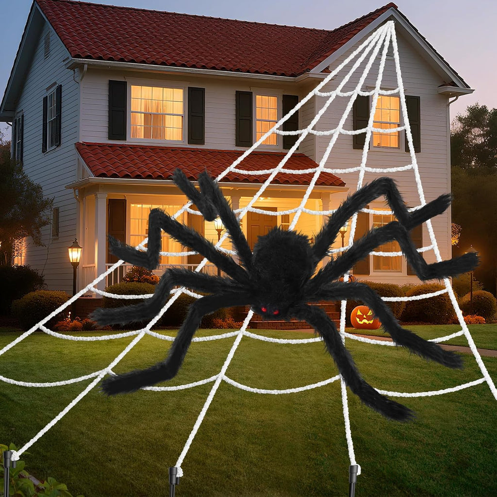 240'' Big Spider Web Halloween Decor+70'' Huge Spider for Roof with Triangular Big Web for on House outside and Inside
