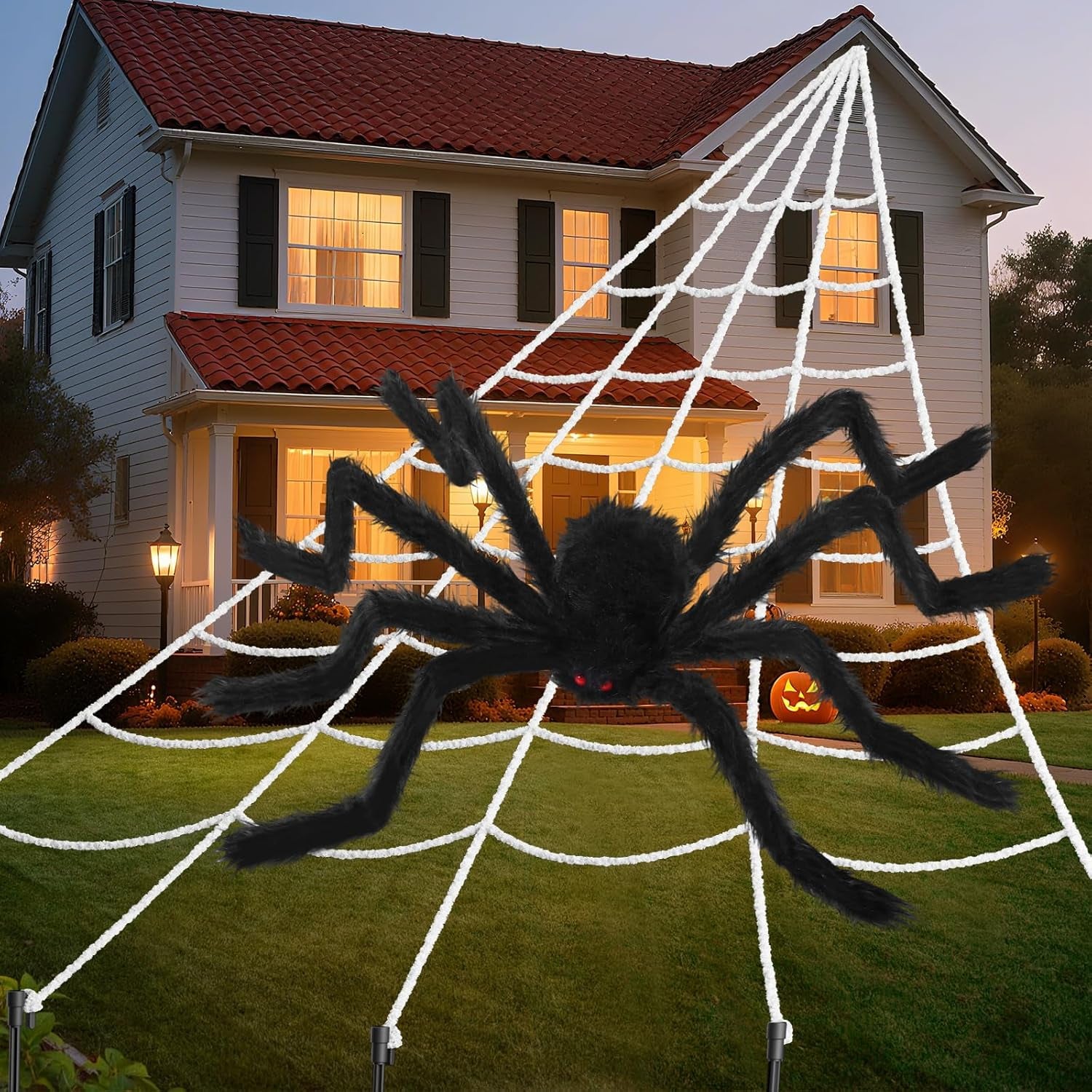 240'' Big Spider Web Halloween Decor+70'' Huge Spider for Roof with Triangular Big Web for on House outside and Inside