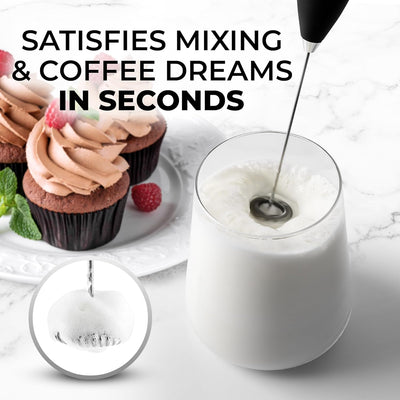 Powerful Milk Frother Wand with 2 Duracell Batteries - Ultra Fast Handheld Drink Mixer - Electric Whisk Foam Maker for Coffee, Lattes, Cappuccino, Matcha, Hot Chocolate & Creamer - Black