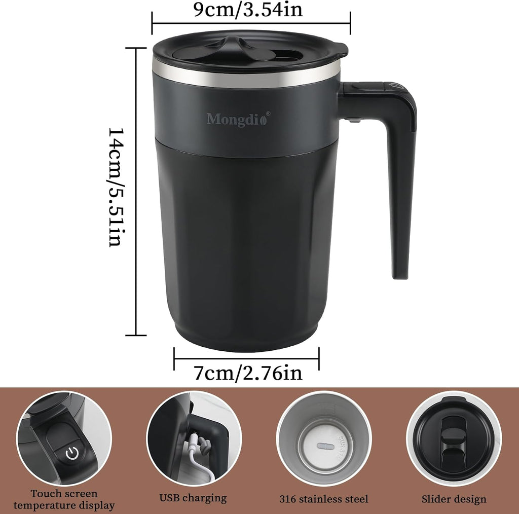 Self Stirring Coffee Mug with Temperature Display, Rechargeable Stirring Mug, Automatic Self Stirring Cup with Lid, for Coffee, Milk and Other Beverages, Black