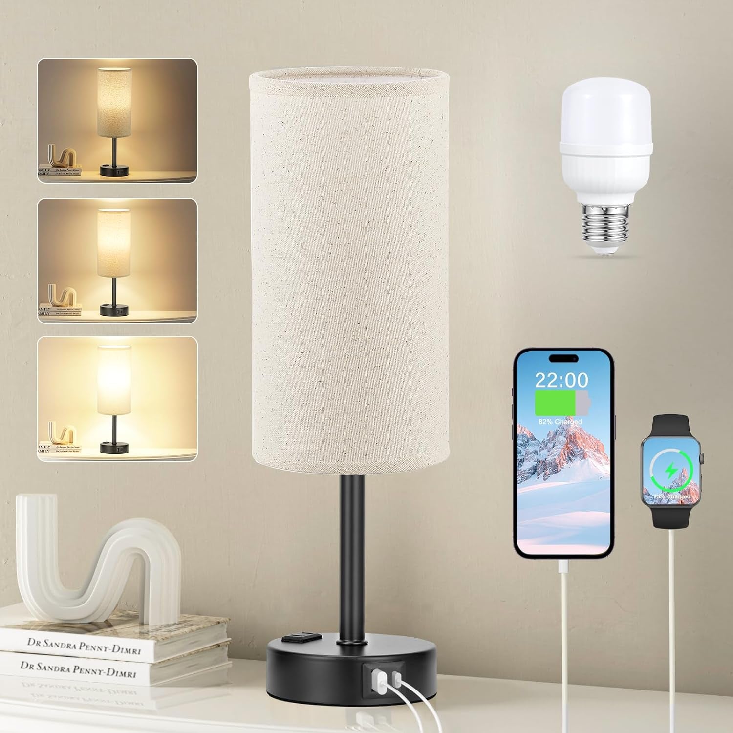 Bedside Table Lamp for Bedroom - 3 Way Dimmable Touch Lamp USB C Charging Ports and AC Outlet, Small Lamp Wood Base round Flaxen Fabric Shade for Living Room, Desk, LED Bulb Included