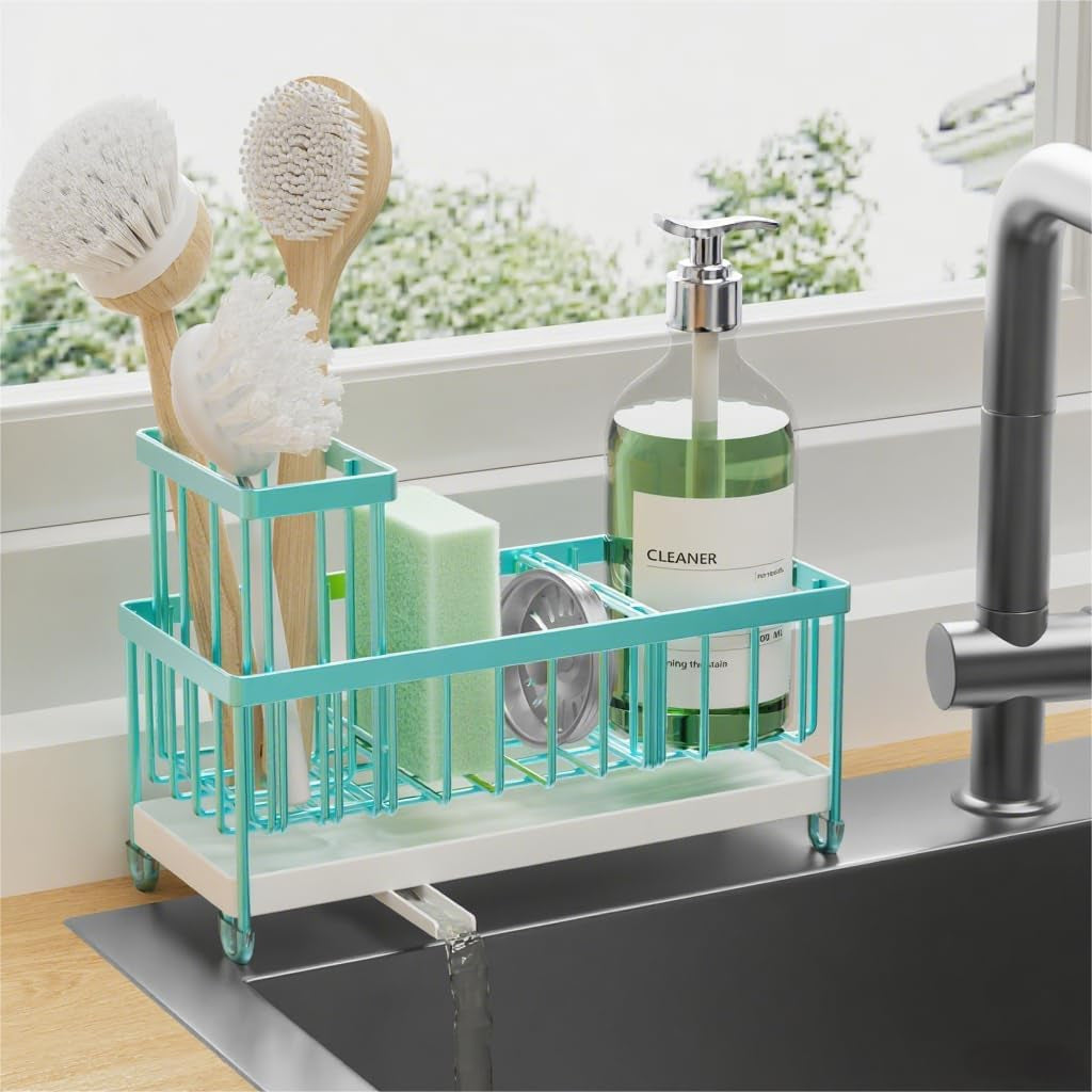 Black Sponge Holder for Kitchen Sink, Sink Caddy Organizer with High Brush Holder, Kitchen Countertop Organizers and Storage Essentials, Rustproof 304 Stainless Steel, Soap Dispenser Organize