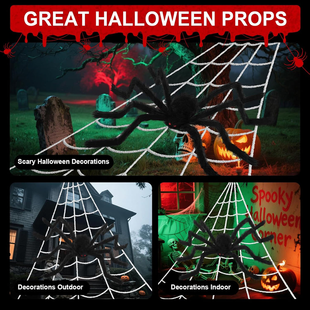 240'' Big Spider Web Halloween Decor+70'' Huge Spider for Roof with Triangular Big Web for on House outside and Inside