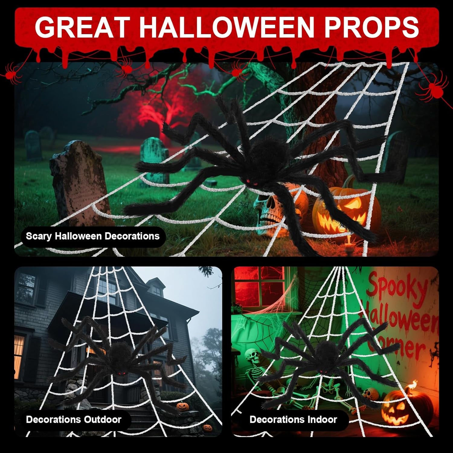 240'' Big Spider Web Halloween Decor+70'' Huge Spider for Roof with Triangular Big Web for on House outside and Inside