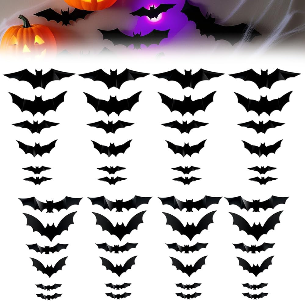 2025 New Halloween 3D Lighted Bats, LED Purple Lighted 3D Bats Halloween Decoration, Upgrade LED Glowing Bat Group Hanging Wall Luminous Glow Clings Multipack (24Pcs Black)