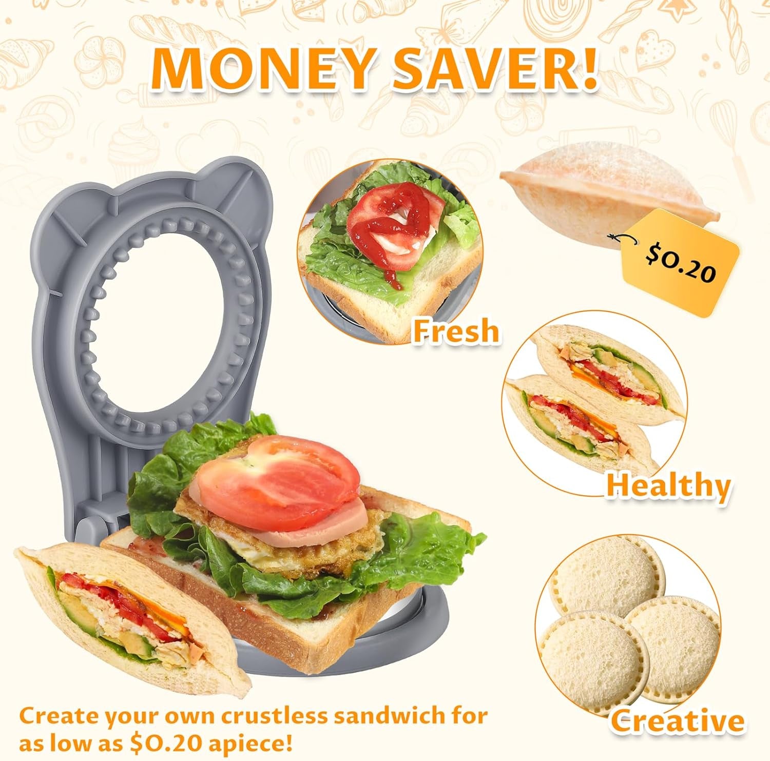 Uncrustable Sandwich Maker,Sandwiches Pocket Circle Shape 3.7Inch Sandwich Cutter and Sealer,Sandwich Cutter for Kids Breakfast and Lunchboxes (Grey)