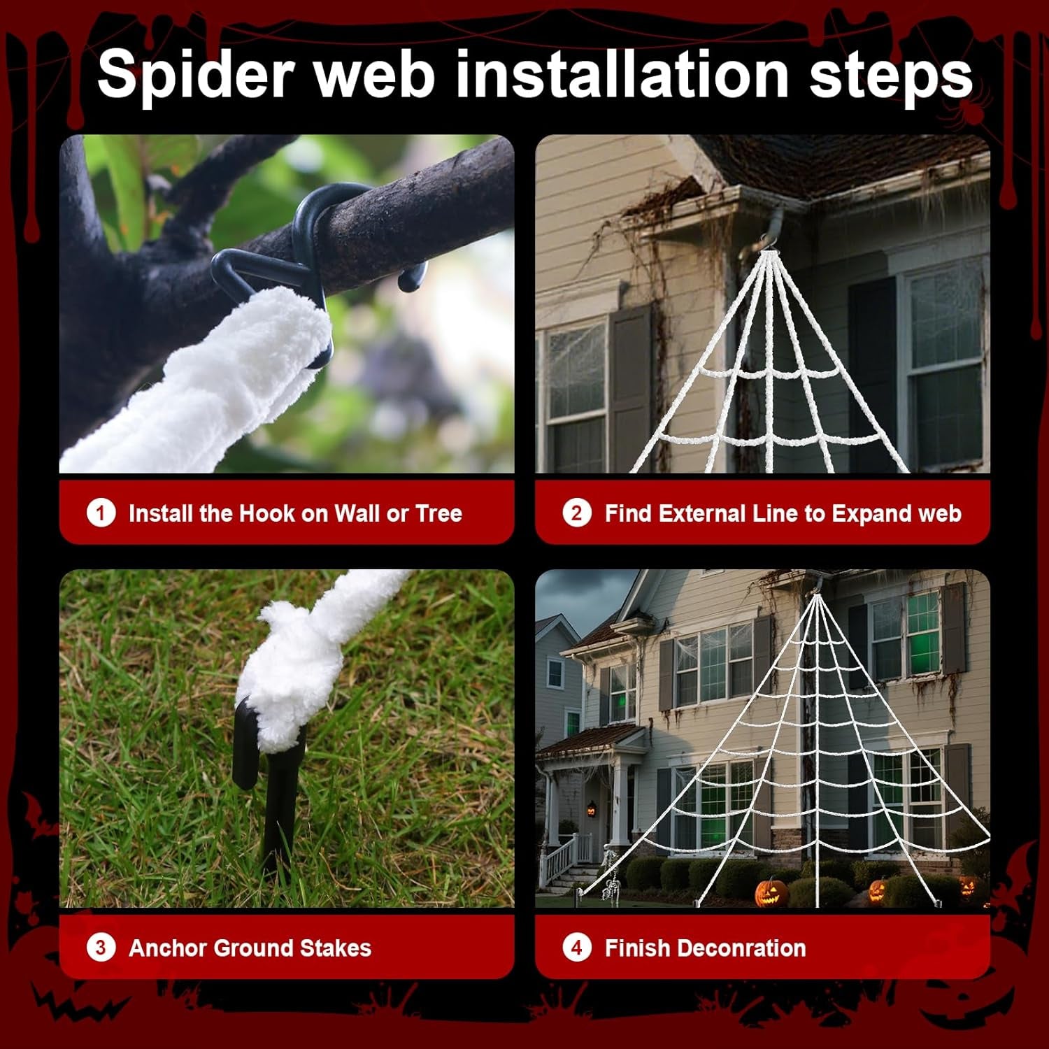 240'' Big Spider Web Halloween Decor+70'' Huge Spider for Roof with Triangular Big Web for on House outside and Inside