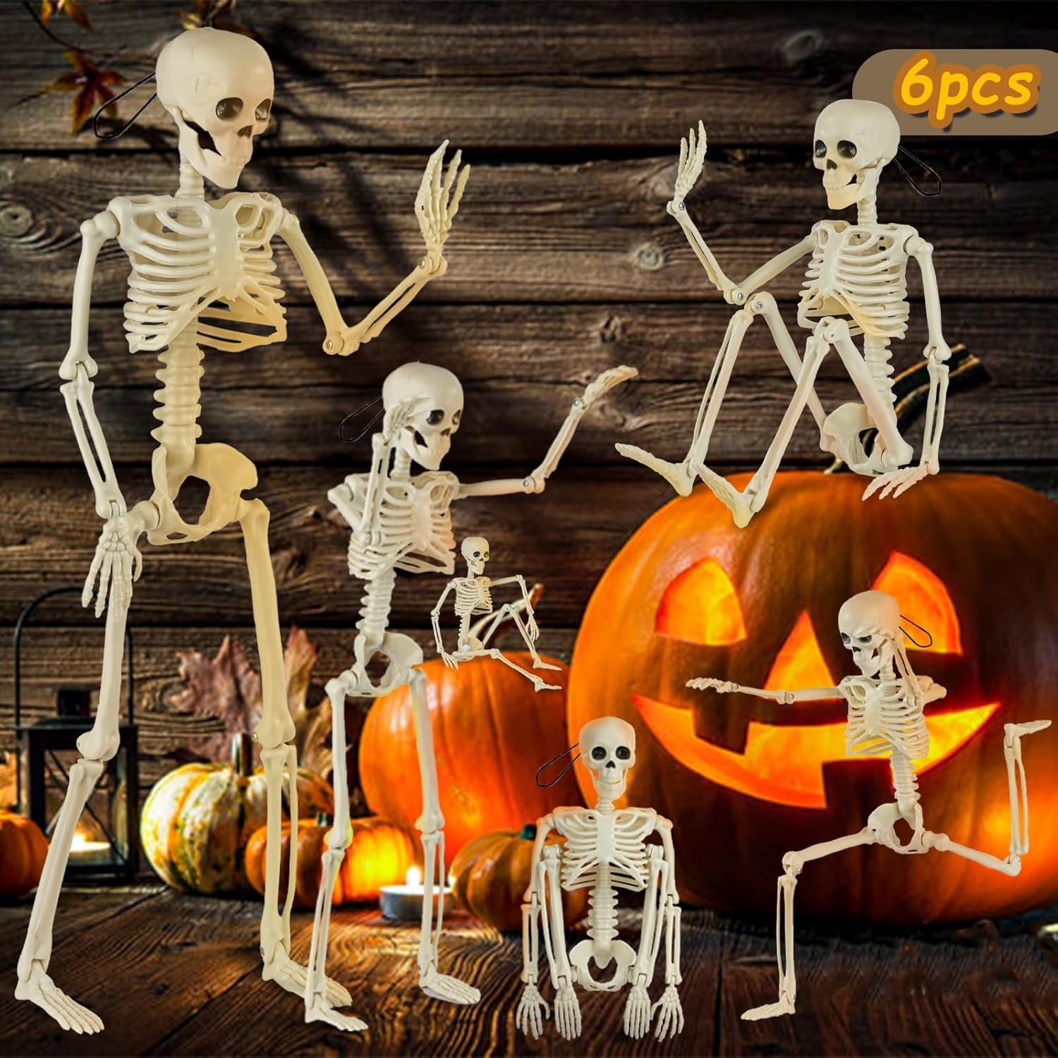 6 Packs Skeleton Halloween Decorations Outdoor with 16" Full Body Posable Joints Skeletons Decor, Halloween Party Decor Indoor, Yard Garden Lawn Graveyard Haunted House Props Spooky Party Decorations