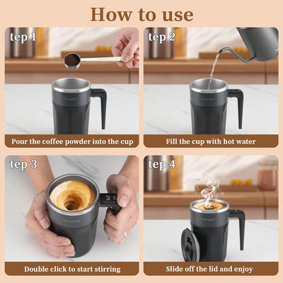Self Stirring Coffee Mug with Temperature Display, Rechargeable Stirring Mug, Automatic Self Stirring Cup with Lid, for Coffee, Milk and Other Beverages, Black