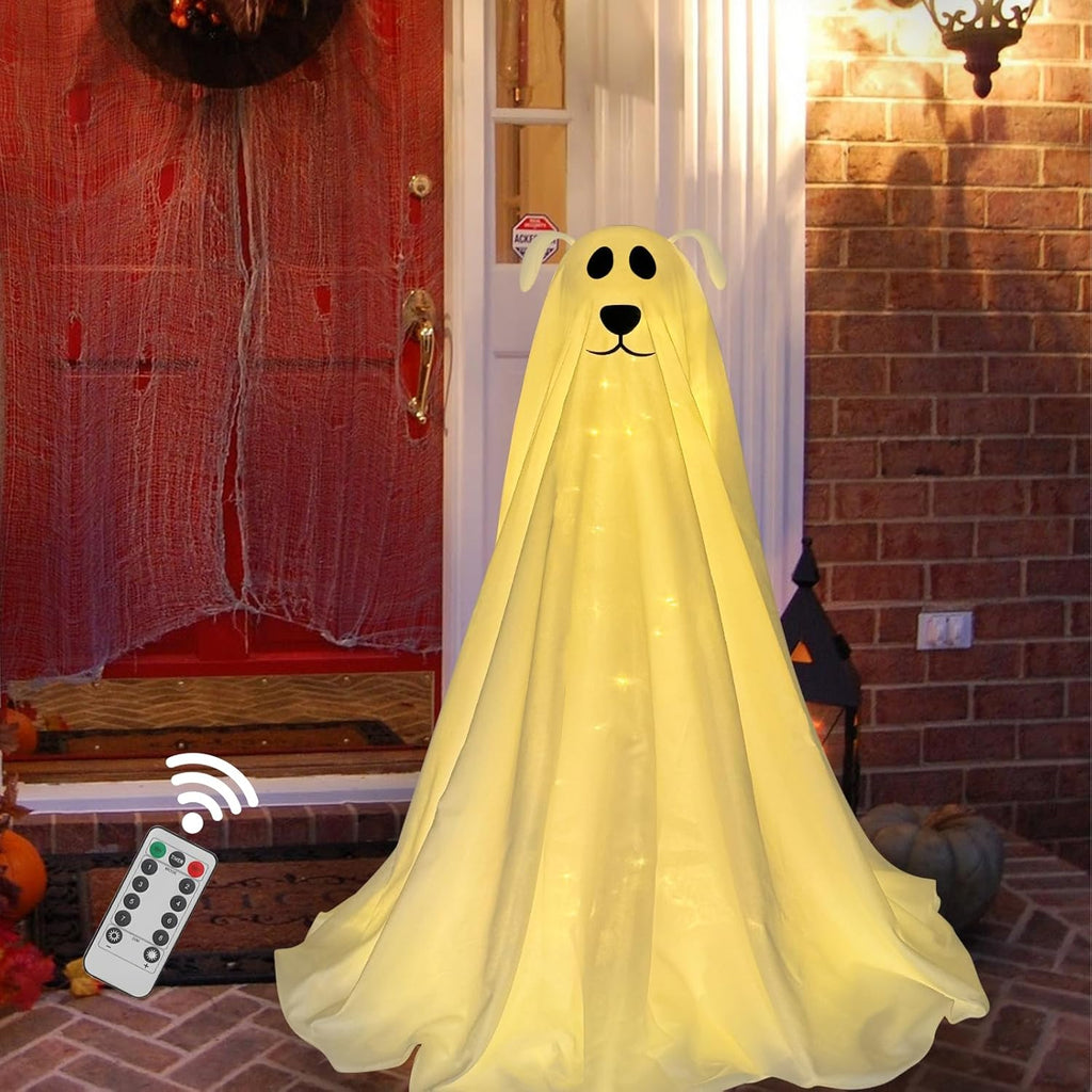 Halloween Decorations, Light-Up Freestanding Spooky Ghost Dog with Remote String Lights Battery Operated, Halloween Ghost Dog for Front Door Porch Yard Lawn Home Party