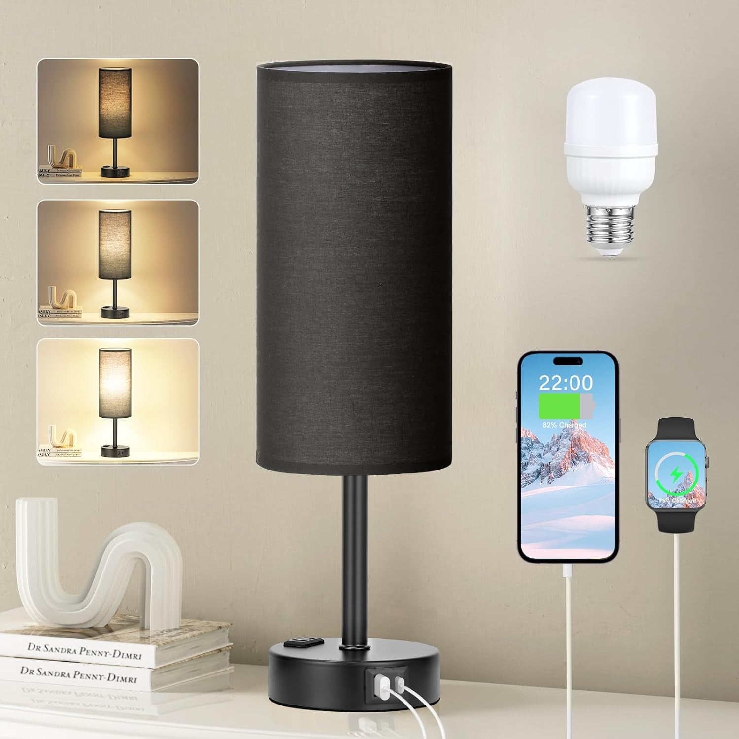 Bedside Table Lamp for Bedroom - 3 Way Dimmable Touch Lamp USB C Charging Ports and AC Outlet, Small Lamp Wood Base round Flaxen Fabric Shade for Living Room, Desk, LED Bulb Included