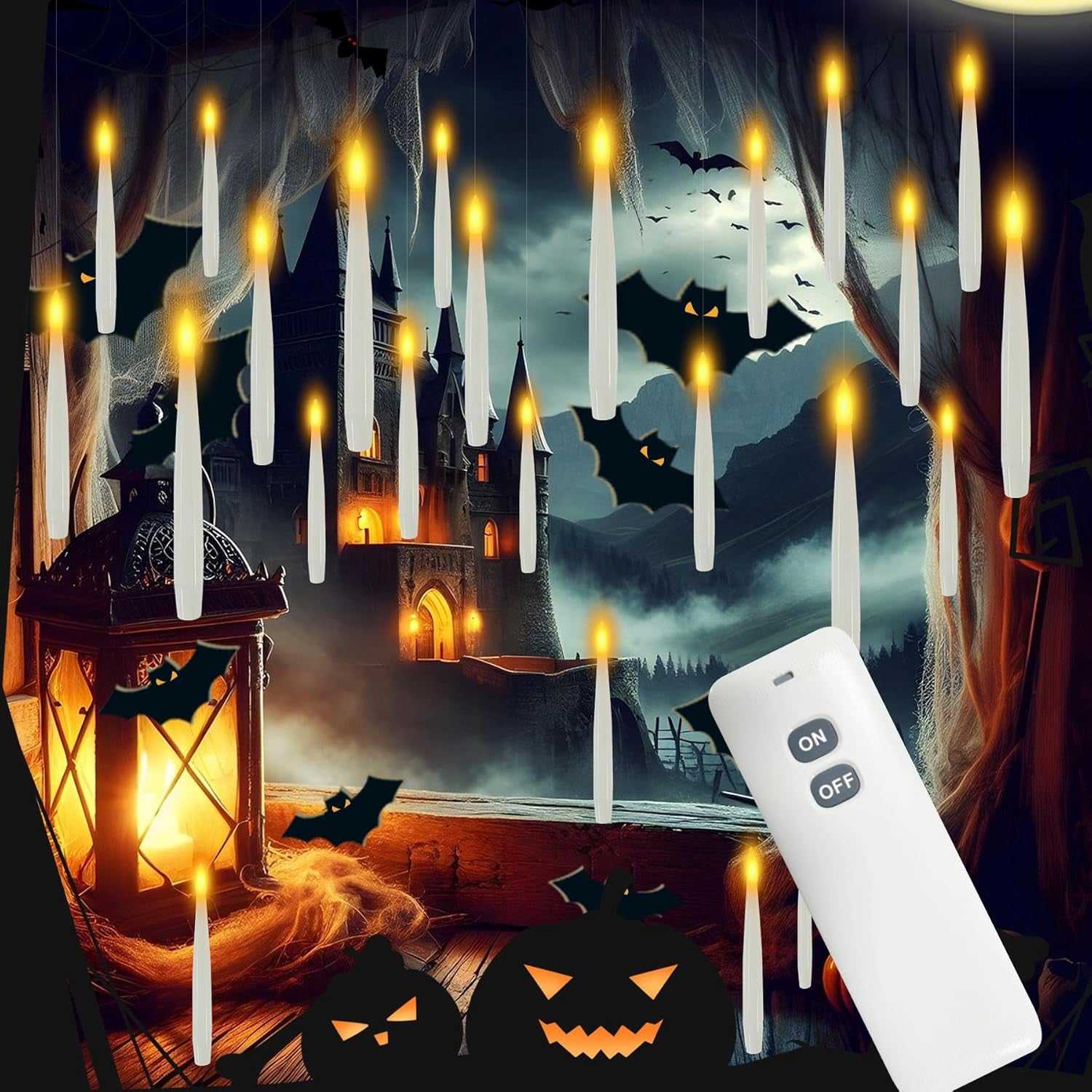 Halloween Decorations, 20 Pcs Floating Candles with Wand Magic Hanging Candles, Flickering Warm Light Flameless Floating LED Candle with Wand Remote, Battery Operated Taper Candle Set for Theme Party