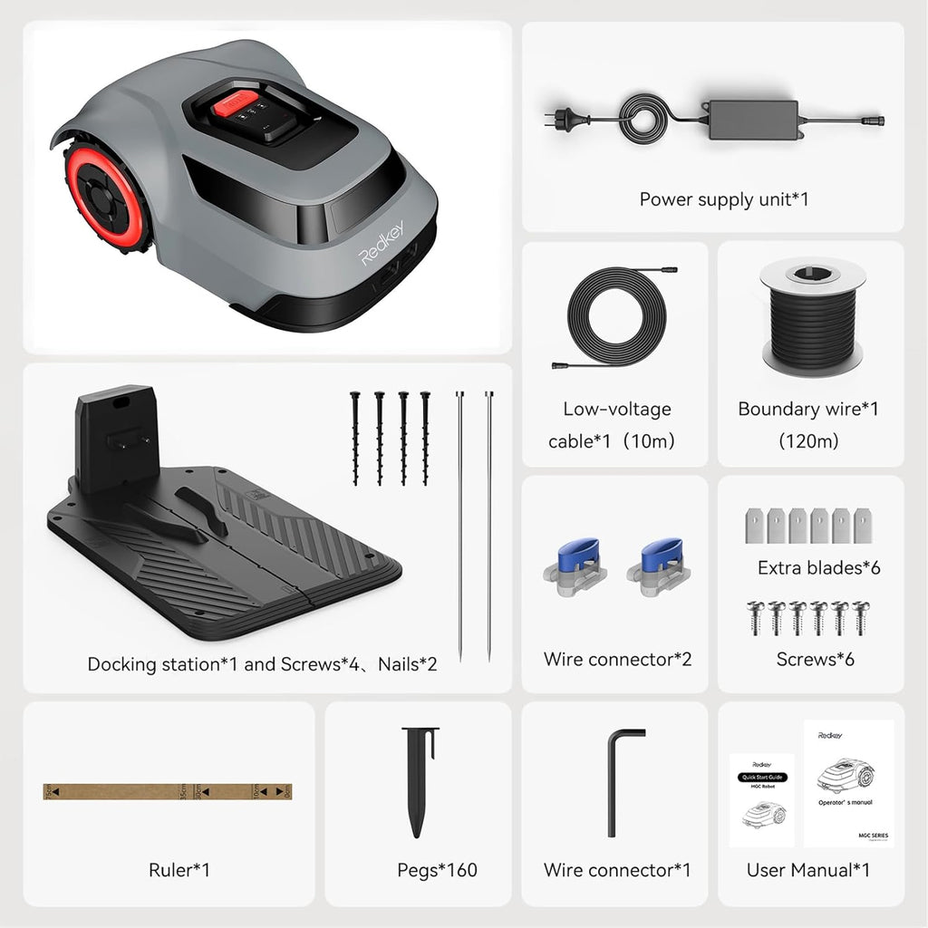MGC500 Robot Lawn Mower with 393Ft Boundary Wires for 0.12 Acre (1/8 Acre), 45% Slope, 70Mins Runtime, Auto Recharge, Automatic Robotic Lawn Mower W/Precise Location & Breakpoint Detection