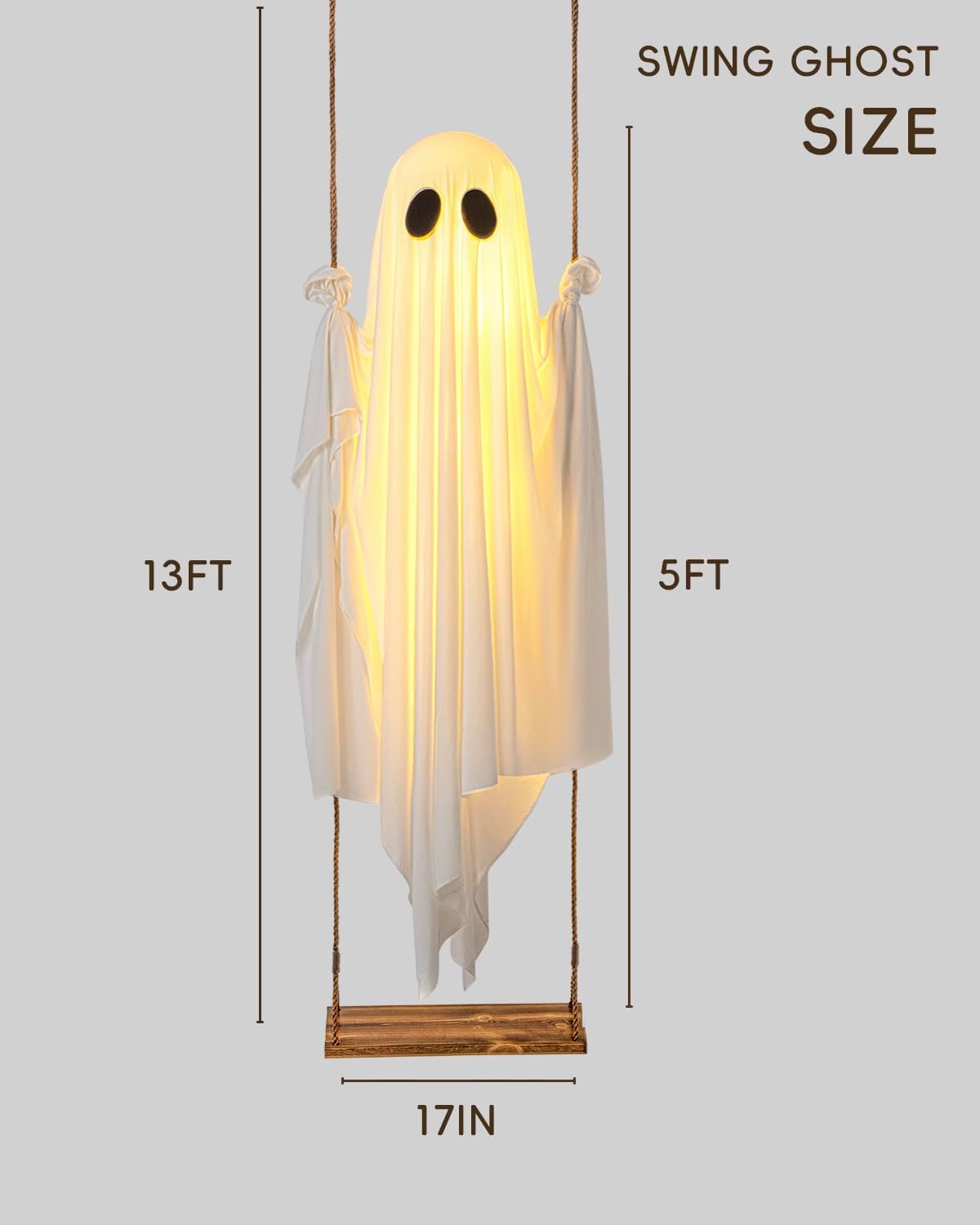 Halloween Decorations Outdoor - 5 FT Large Hanging Swing Ghost Halloween Decor with String Lights, Spooky Cute Ghosts Decorations for Front Porch Yard Tree