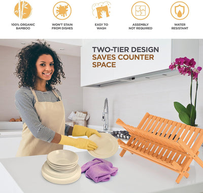 BAMBUSI Dish Drying Rack - Collapsible 2-Tier Bamboo Dish Rack for Kitchen Counter, Wooden Dish Drainer with Foldable Space-Saving Design - Drying Rack for Dishes, Plates, and Cups - Housewarming Gift