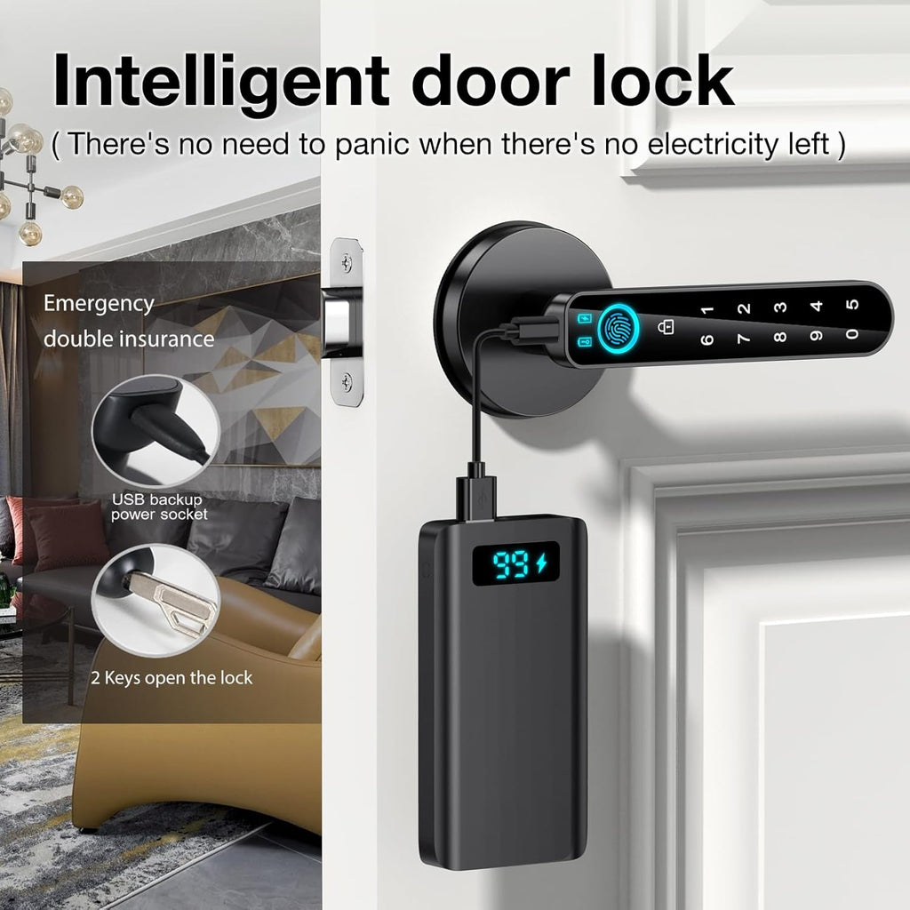 Fingerprint Door Lock- Smart Door Knob,Biometric Door Lock，With Passcode Keypad Keyless Entry Door Handle，For Bedroom Home Hotel Office Apartment (Black with APP)