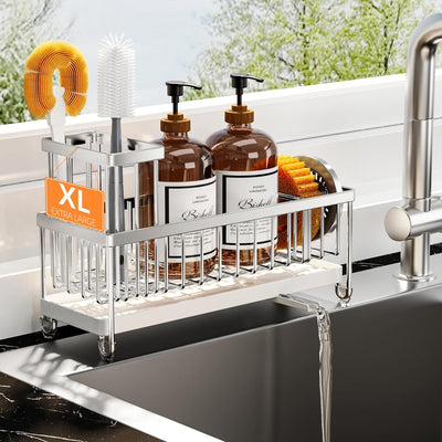 Black Sponge Holder for Kitchen Sink, Sink Caddy Organizer with High Brush Holder, Kitchen Countertop Organizers and Storage Essentials, Rustproof 304 Stainless Steel, Soap Dispenser Organize