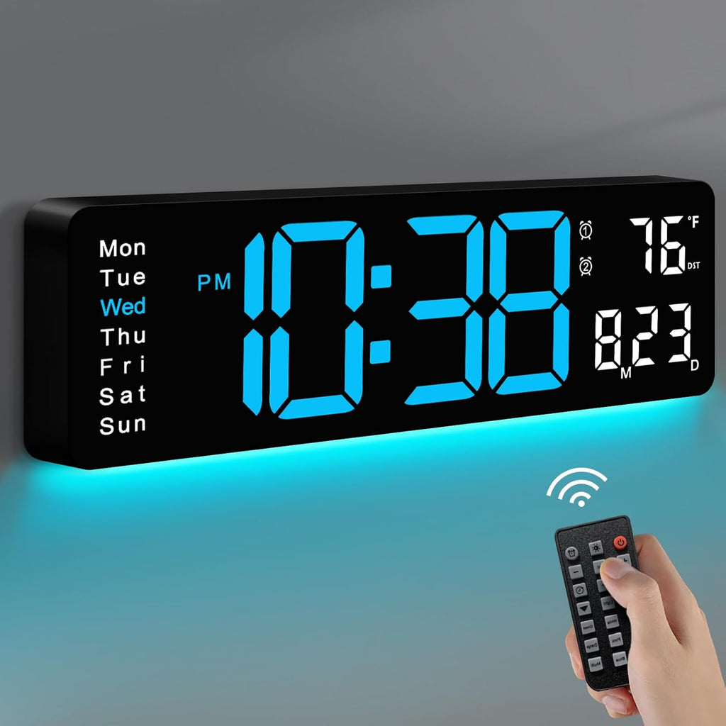 Digital Wall Clock, 16" Large Display Digital Clock with Remote Control, Auto-Dimming Wall Clock with Night Light, DST, Date Week,Temp for Living Room, Bedroom, Decor, Gift for Elderly
