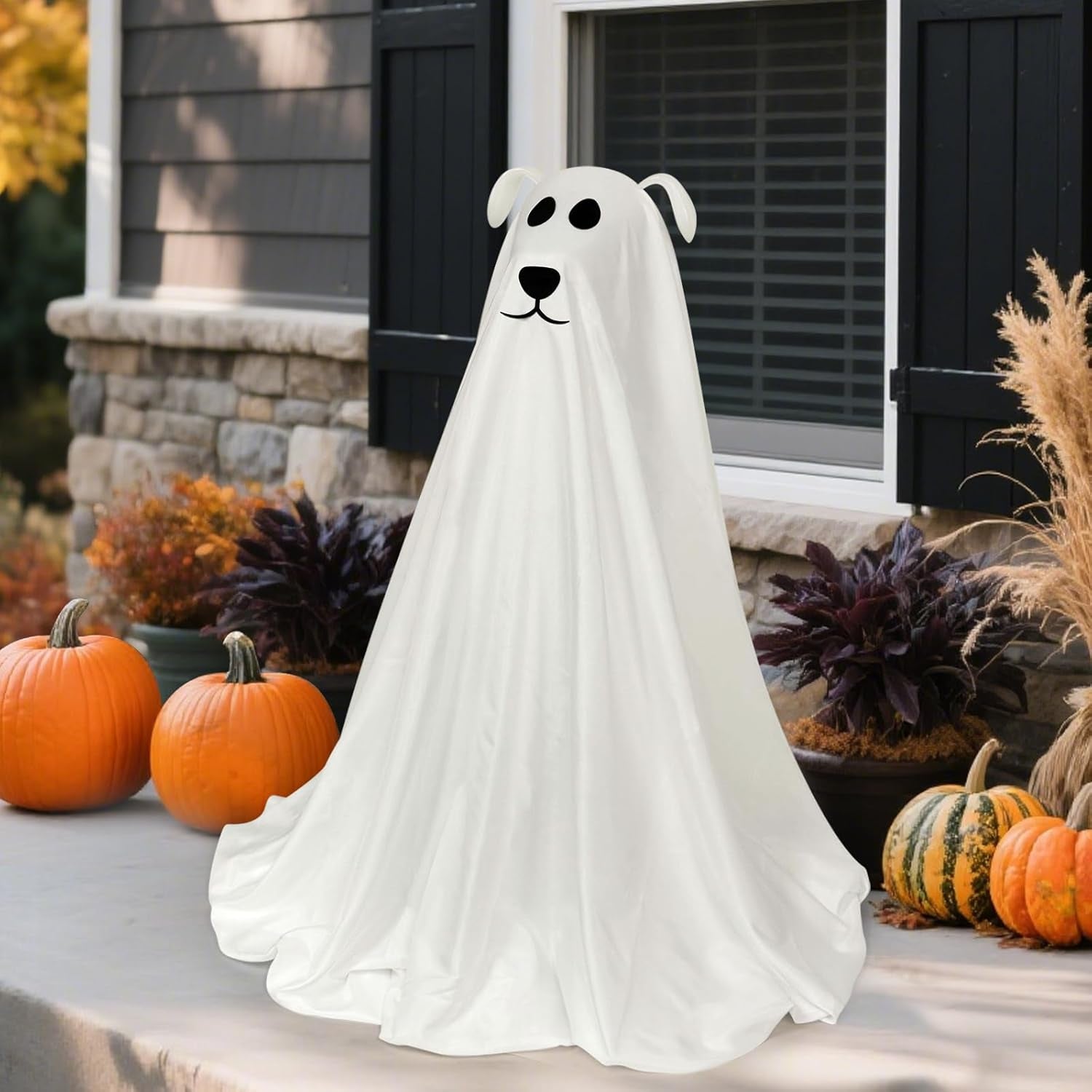 Halloween Decorations, Light-Up Freestanding Spooky Ghost Dog with Remote String Lights Battery Operated, Halloween Ghost Dog for Front Door Porch Yard Lawn Home Party