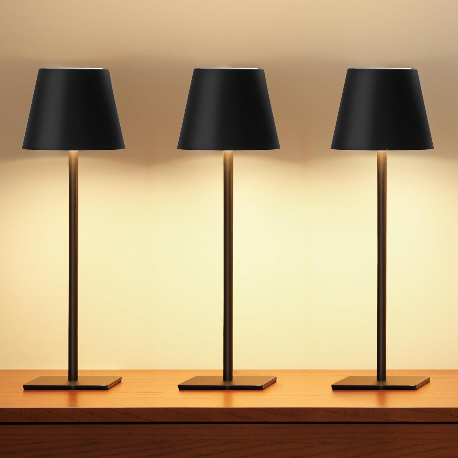 3 Pack Cordless Table Lamp, Battery Operated Lamp - Portable Waterproof Rechargeable Table Lamp W/ 3 Color Temps & Stepless Dimming for Dinner, Desk, Cafe, Outdoor (Brushed Gold)