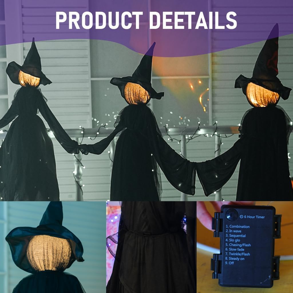 Halloween Witch Decorations Outdoor, 5 FT Set of 3 Holding Hands Witches Stakes with Glowing Face, Lighted Halloween Decor for Party Yard Lawn Porch Garden Haunted House Props