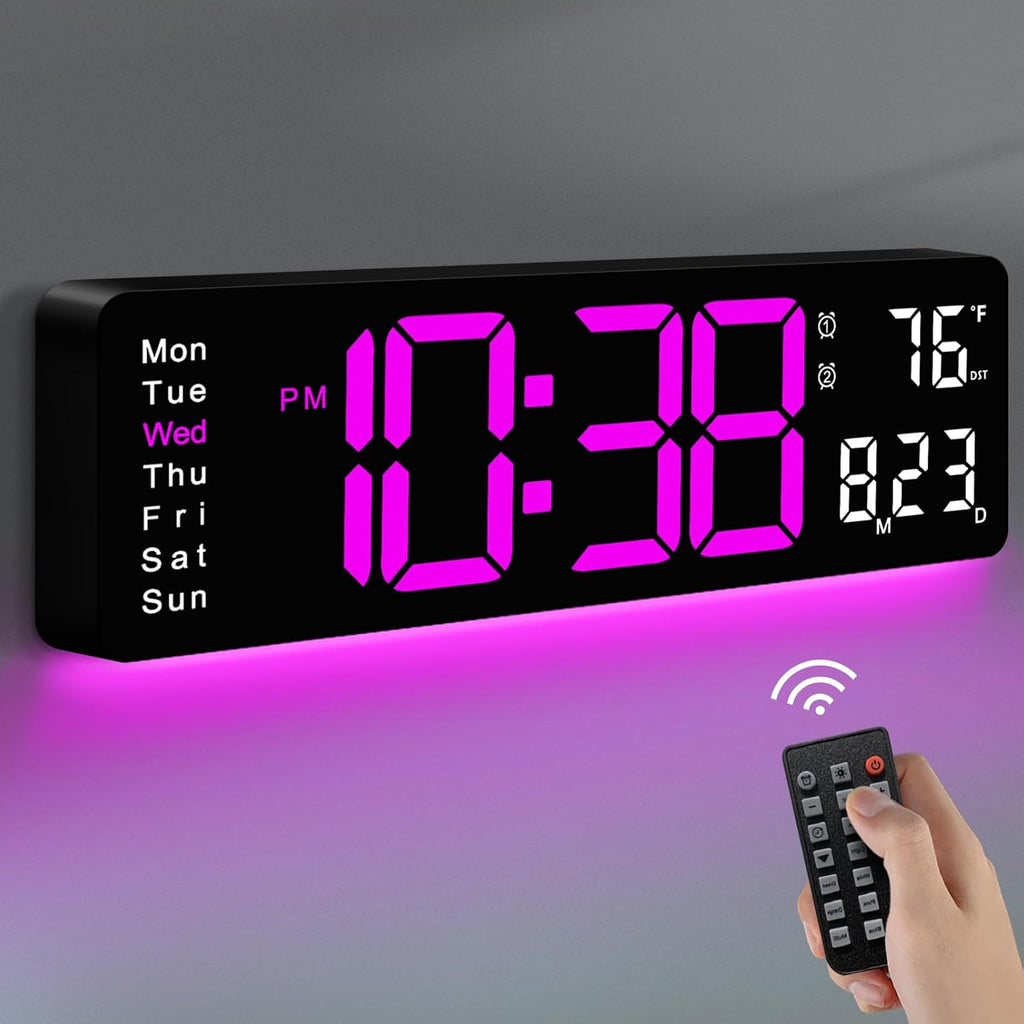 Digital Wall Clock, 16" Large Display Digital Clock with Remote Control, Auto-Dimming Wall Clock with Night Light, DST, Date Week,Temp for Living Room, Bedroom, Decor, Gift for Elderly