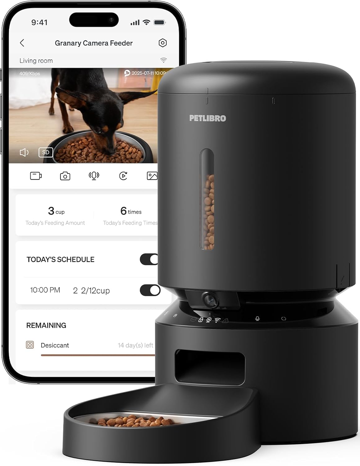 Automatic Cat Feeder, Automatic Dog Food Dispenser with Freshness Preservation, Timed Pet Feeders for Dry Food, up to 50 Portions 6 Meals per Day, Granary Black
